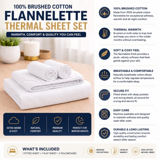 Thermal Flannelette Sheet Set 100% Brushed Cotton 4PC Fitted Flat Sheet PC Cases