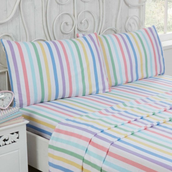 Multicolour Candy Stripe Flannelette Bed Sheet Set 100% Brushed Cotton Bedding