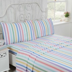 Multicolour Candy Stripe Flannelette Bed Sheet Set 100% Brushed Cotton Bedding