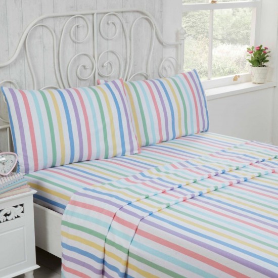 Multicolour Candy Stripe Flannelette Bed Sheet Set 100% Brushed Cotton Bedding